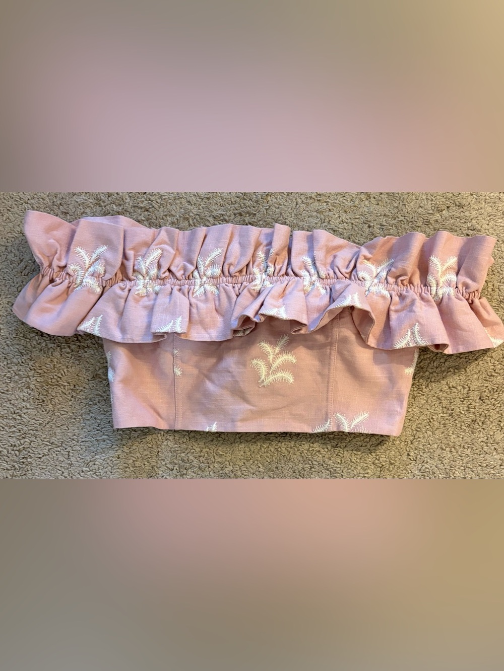 Zara Blush Pink Embroidered Ruffle Mini Crop Shirt
